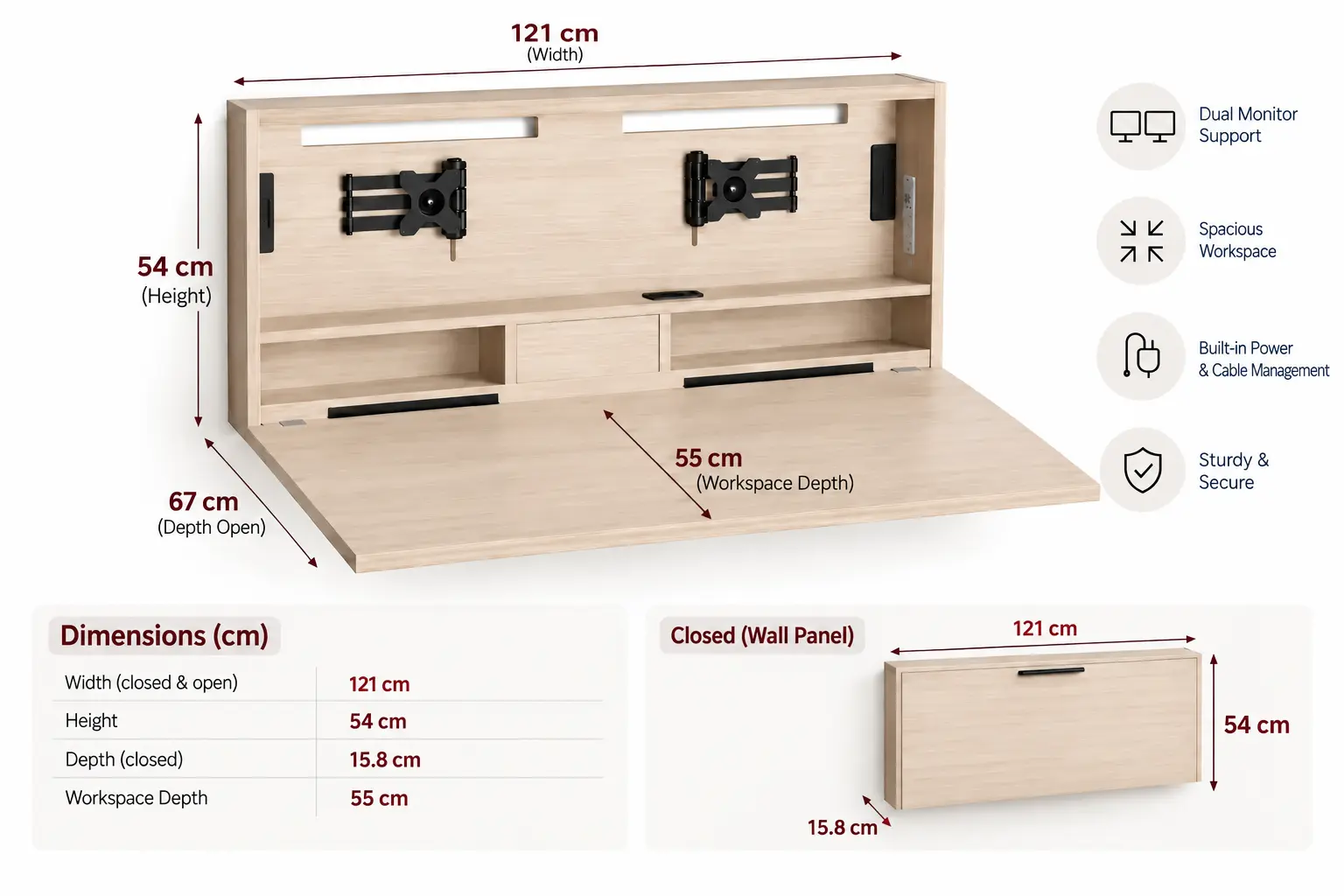DarDesk Duo Grand fold-away wall-mounted workstation with dual monitor support