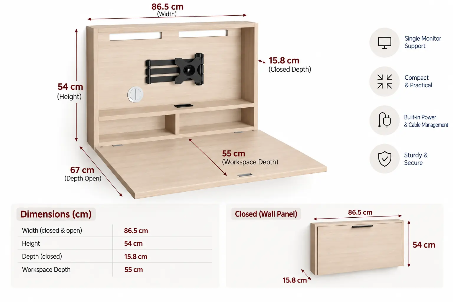 DarDesk Basic small fold-away wall-mounted workstation with dual monitor support