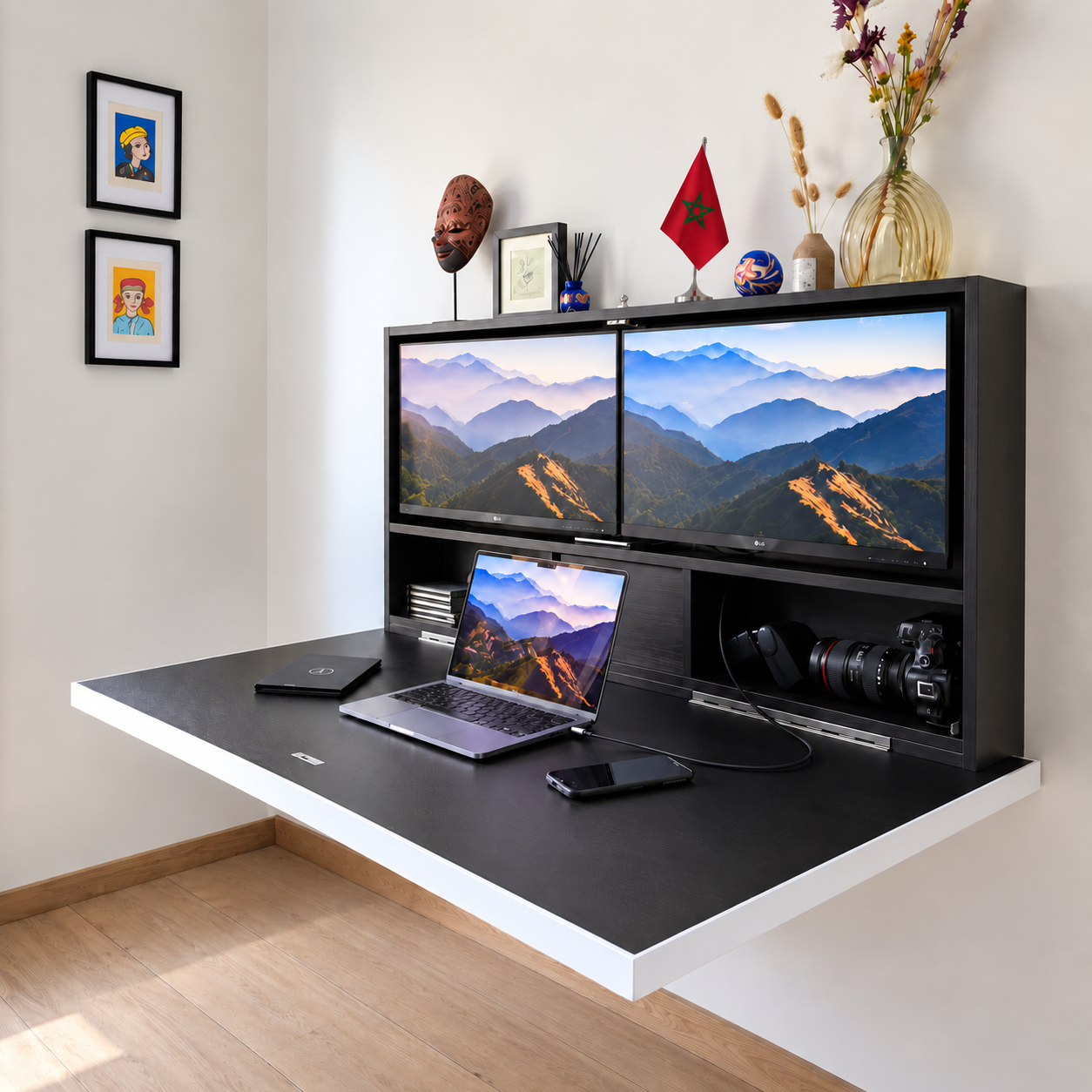 DarDesk Duo wall-mounted workstation with dual monitors styled in a real Moroccan home