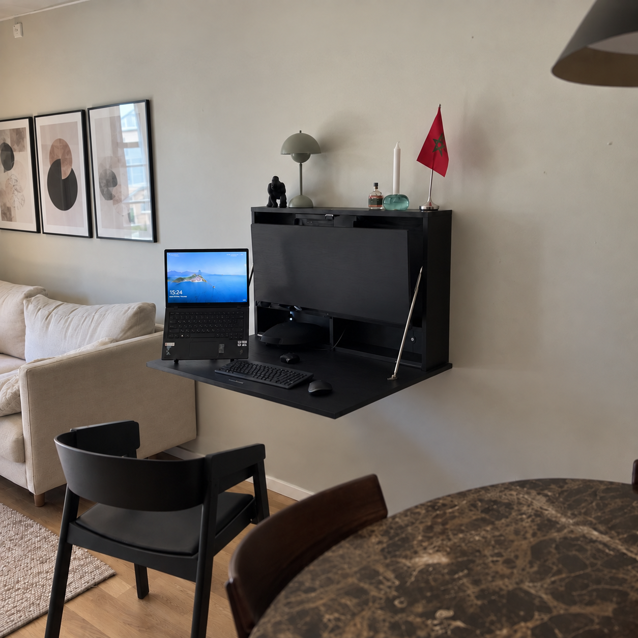 DarDesk Essential wall-mounted workstation styled in a real Moroccan living room
